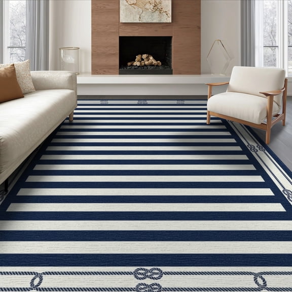 ODIKA 8'x10' Washable Area Rug Non-Slip Chair-Friendly Mat Nautical Layered Border Front Doormat Stripe Welcome Striped Door Playful for Dining Room, Large Office, Lounge