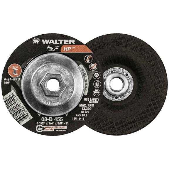 Walter 08B455HP Spin-On Grinding Wheel 4-1/2"x1/4"x5/8-11 Metal Hub 27S