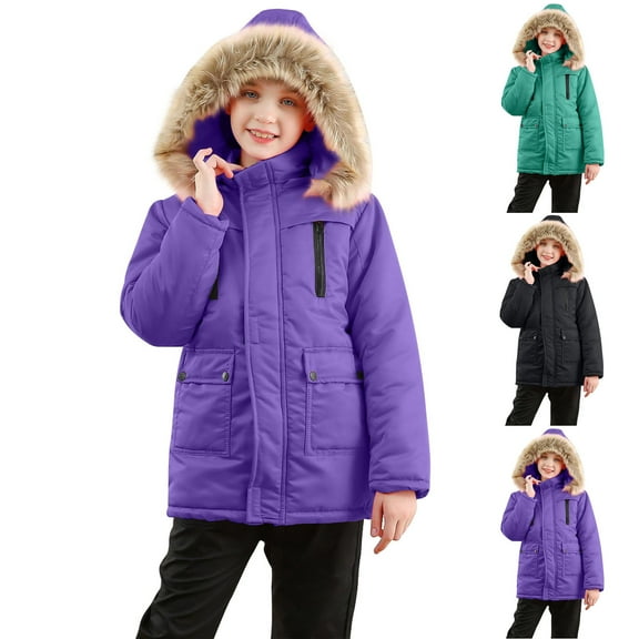 ATOGUTA Girls Down Coats Kids Winter Fleece Snowboarding Jackets with Detachable Hood Size 3T-12, Purple