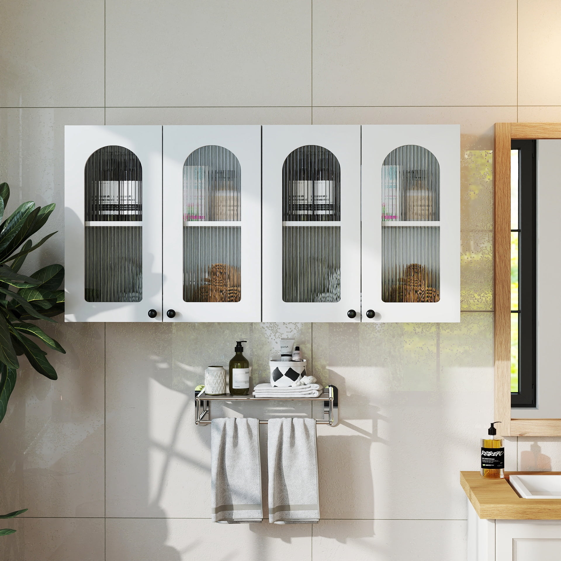 Wall Mounted Cabinet Arched Glass Door Floating Storage Cabinet for Kitchen Bathroom, White