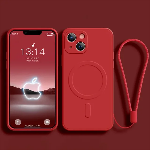 Liquid Silicone Case For iPhone 15 11 13 16 14 Pro Max Mini XR Xs Plus SE Phone Magnetic Wireless Charging For Magsafe Cover Red For iphone 13