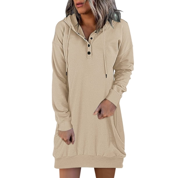 Vestido casual con capucha para mujer: sudadera de manga larga con botones, material de poliéster, ligero, perfecto para el look diario de otoño/invierno.