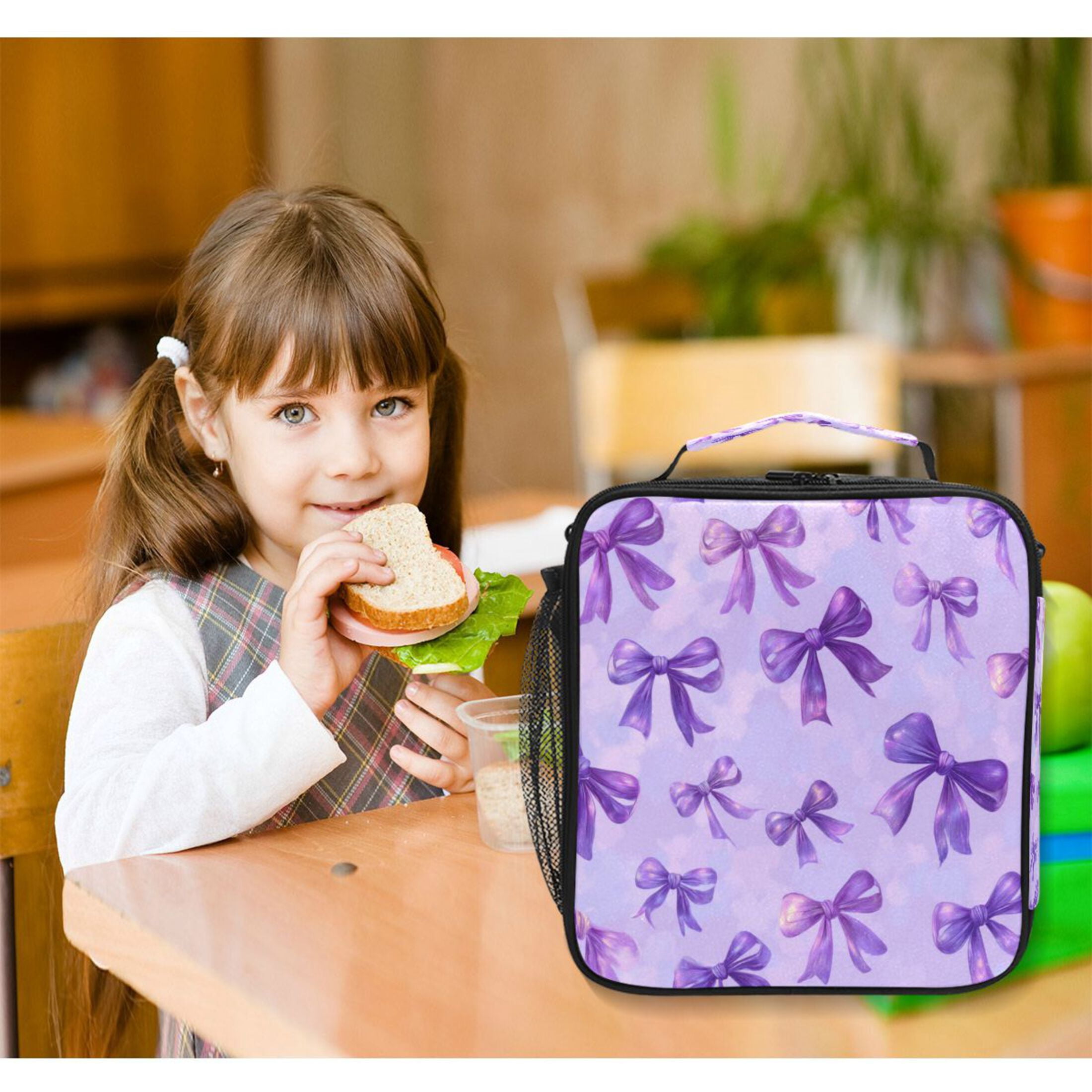 10.5X9.5in Square Insulated Lunch Bag Leak-proof Lunch Box for Outdoor Work Picnic Vibrant Purple Bows Pattern