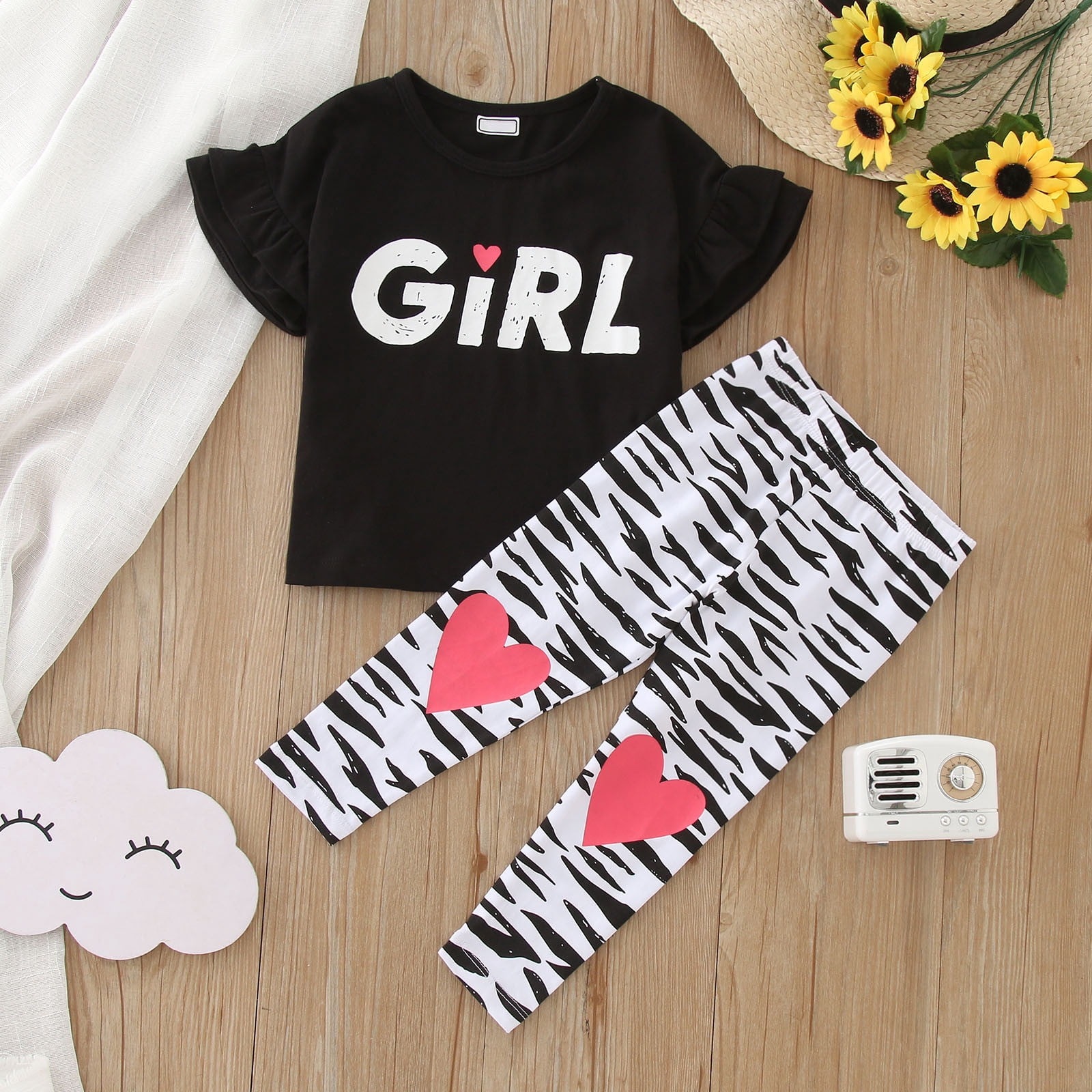 Toddler Girls Outfits Dressy Outfits Summer Short Sleeve Prints Tops And Pants 2Pcs Set Fall Girls Clothings 6 Years-7 Years