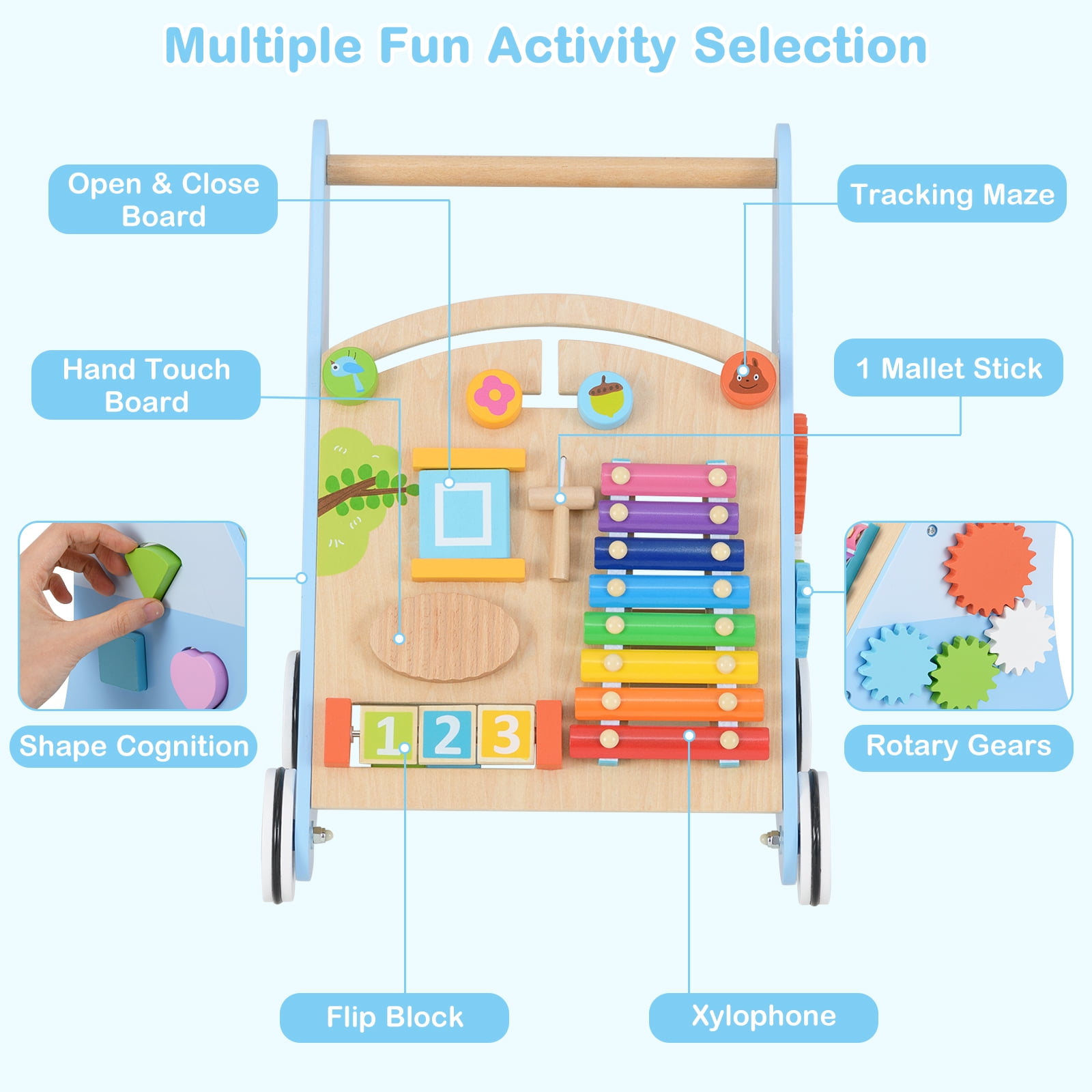 INFANS Wooden Baby Walker, Montessori Walker with Multiple Activity Toys, Storage, Push Walker Toys for Infant Learning to Walk, Sit to Stand Walker for Boys Girls Aged 1+ Years