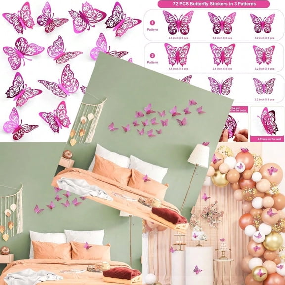 72 Pcs Butterfly Decorations 3 Sizes 3 Styles 3D Butterfly Wall Decor Butterfly Party Decorations Birthday Decorations Butterflies for Crafts Cake Decorating Wall Stickers Room Decor Purple