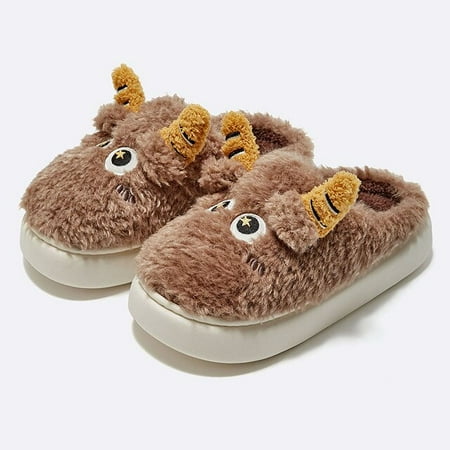 

CoCopeanut Cute Little Monster Women Home Fur Slippers Warm Plush Couples Cotton Shoes Non-Slip Indoor Thick Sole Fluffy Slides