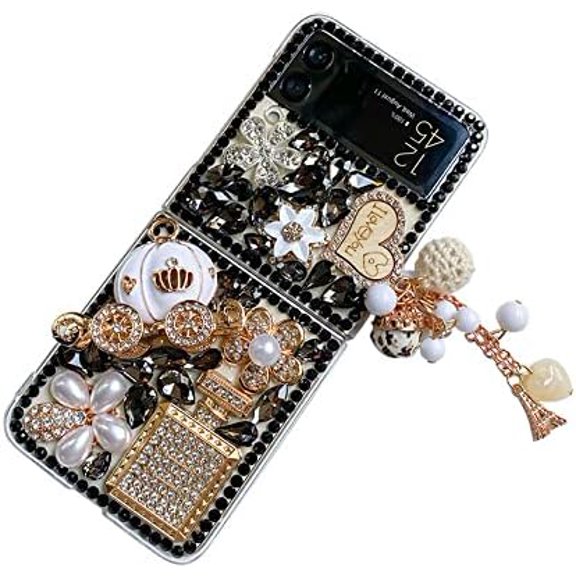for Samsung Galaxy Z Flip 4 Bling Glitter Case, Girls Women Cute Luxury Sparkle Diamond Crystal Rhinestone Love Charm Pendant Pumpkin Car Case Cover for Samsung Galaxy Z Flip 4 (Black)