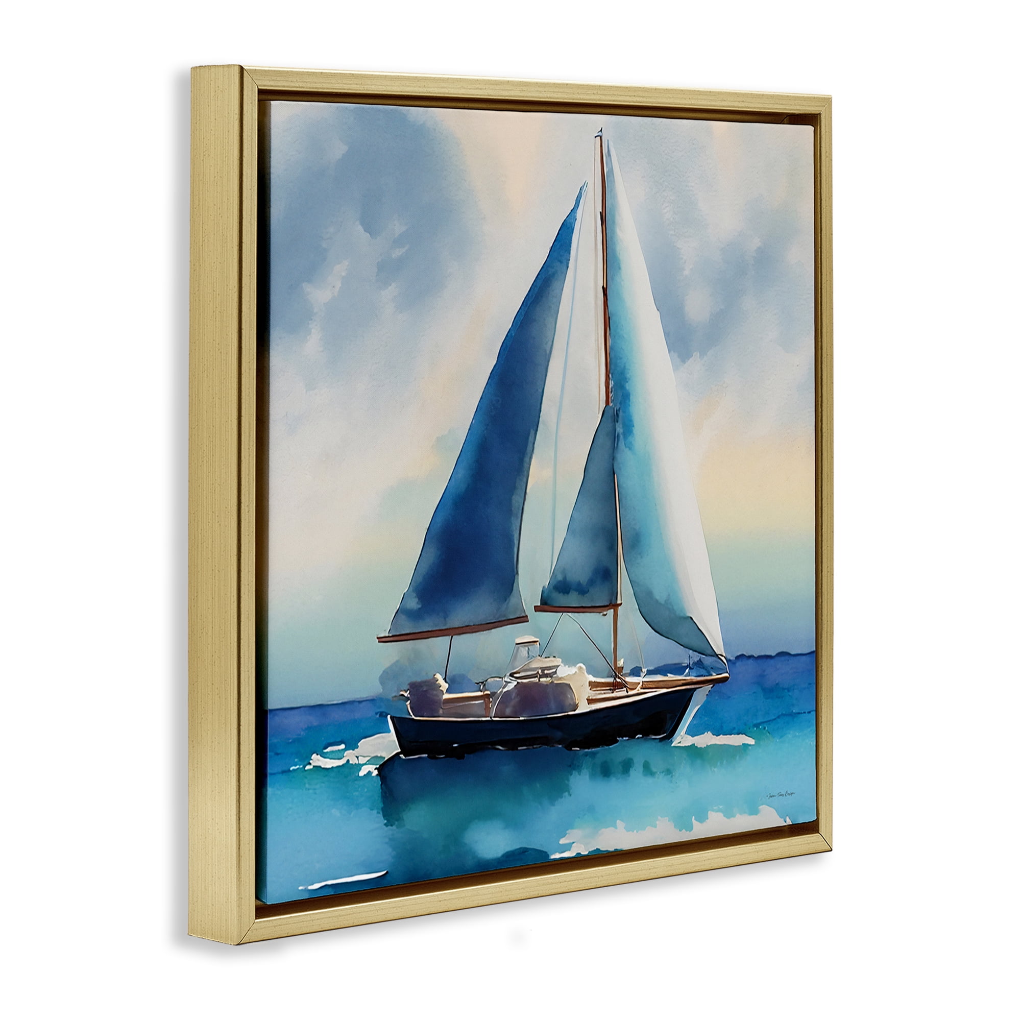Stupell Industries Watercolor Style Sailboat Nautical & Beach Painting Gold Floater Framed Canvas Art Print Wall Art, 25 x 25