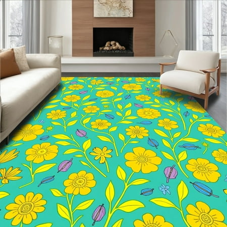 ODIKA 4'x6' Machine Washable Non-Slip Area Rug, Nature Inspired High Traffic Rug, Yellow, 314134