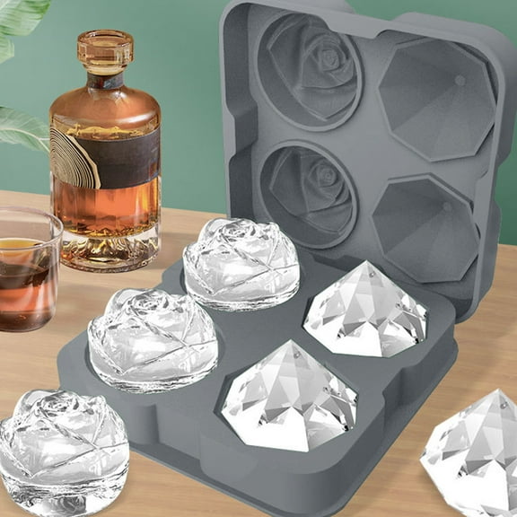 Vxdvou Rose Diamond Ice Tray, Silicone 4-Hole Ice Mold for Whiskey & Cocktail, Fun Rose Diamond Shape Ice Cubes, Novelty Kitchen Gadgets & Drink Chilling Accessories for Parties
