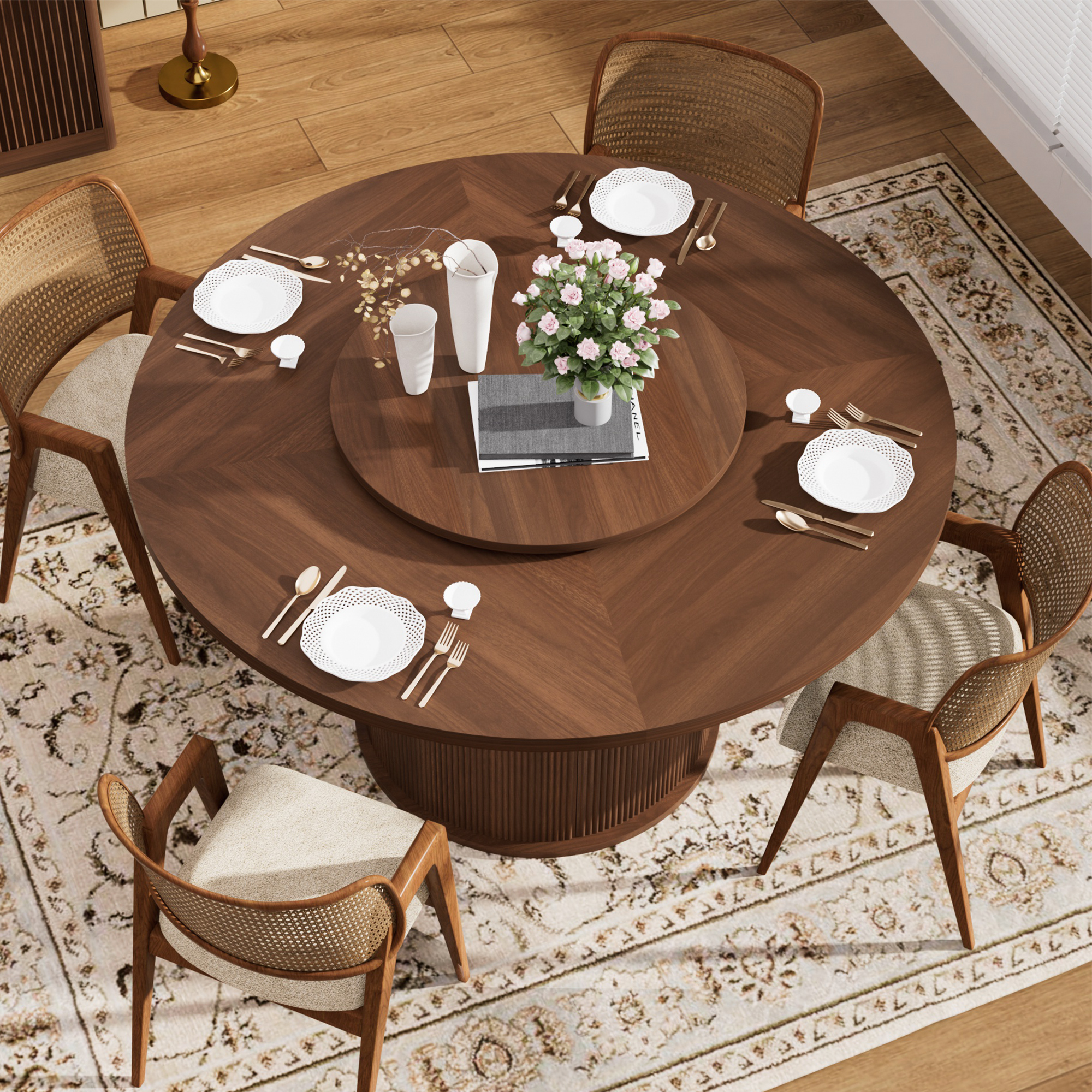 Miniyam 55" Round Rotating Dining Table with Storage Shelves, Wood Cylindrical Base with Fluted Design, Thick Tabletop Lazy Susan Table for 6, Walnut