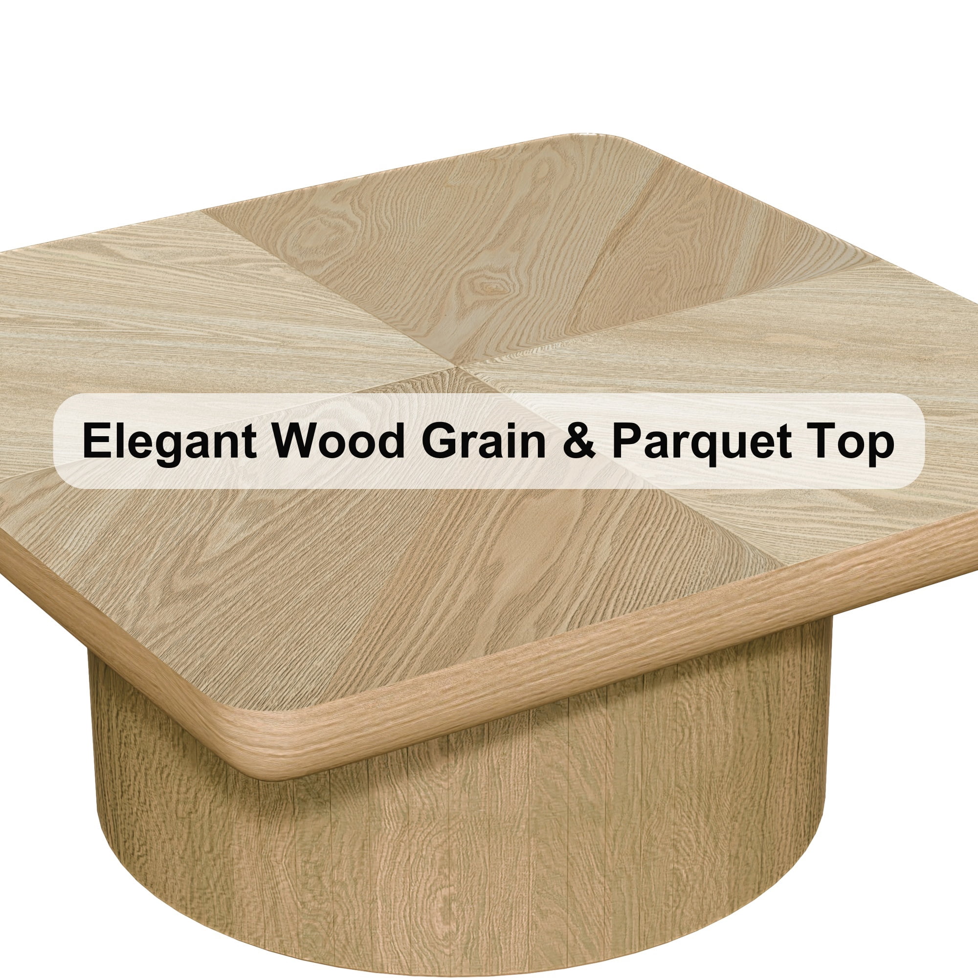 34.6'' Square Coffee Table with Fluted Cylindrical Base, Solid Wood End Table with Thickened Tabletop, Modern Cocktail Table