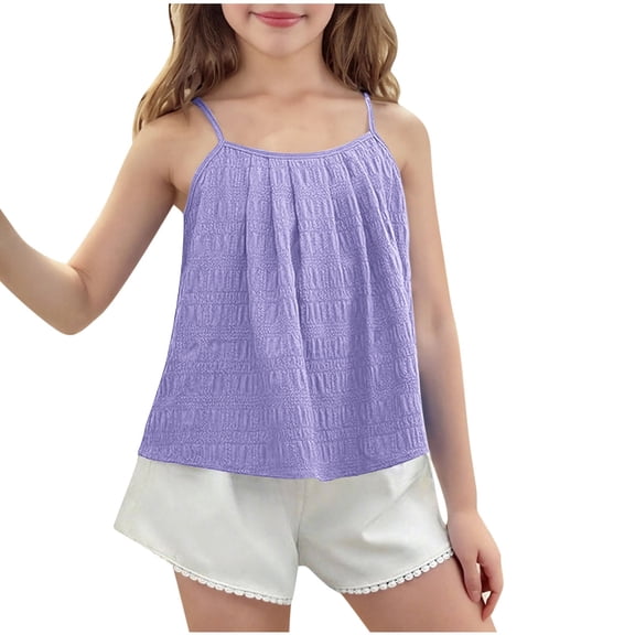 DxhmoneyHX Girls Tank Tops Crew Neck Adjustable Spaghetti Shoulder Straps Cami Blouse Loose Fit Summer Textured Sleeveless T Shirts Age 5-15 Years