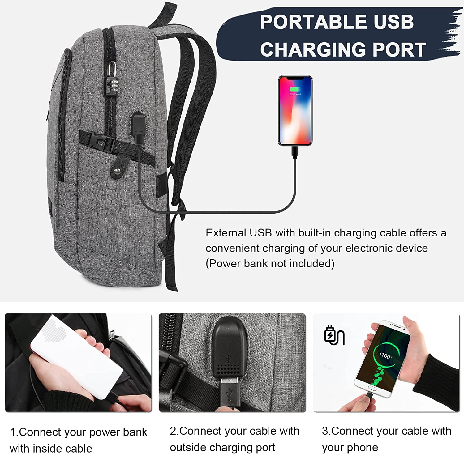 mancro business water resistant polyester laptop backpack with usb charging port and lock fits under 17-inch laptop and notebook, grey - image 2 of 9