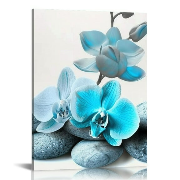 JEUXUS Zen Wall Art Blue Orchid Flower with SPA Stone Pictures Canvas Prints Grey Turquoise Floral Painting Peaceful Artwork Modern Spa Yoga Home Bedroom Office Bathroom