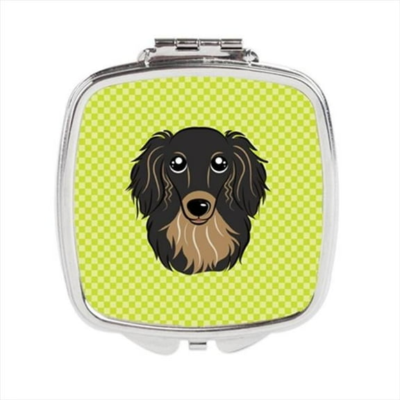 Carolines Treasures  Checkerboard Lime Green Longhair Black And Tan Dachshund Compact Mirror
