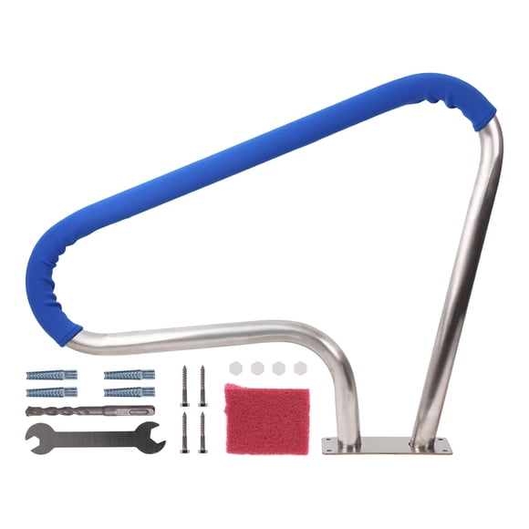 Barandilla antideslizante para piscina y spa de acero inoxidable 304 – 39x32 pulgadas – Color plata con cubierta de nylon azul – Instalación rápida sin herramientas – Soporta hasta 113 kg