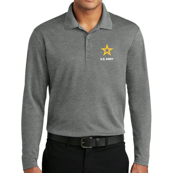 US Army Star Logo White Chest Print Long Sleeve Moisture Wicking Polo Shirt, 2XL Grey