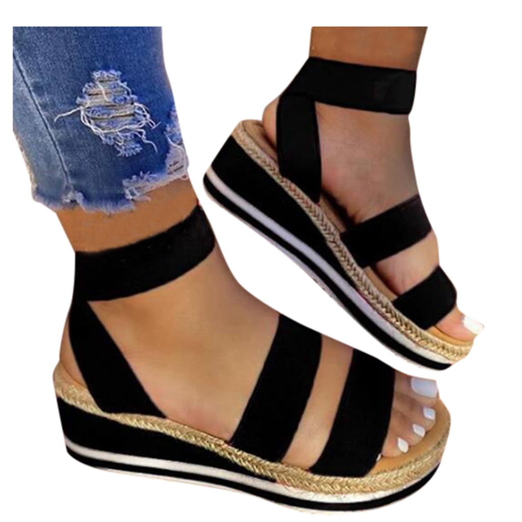 Women's Elastic Ankle Strap Espadrille Wedge Sandals Open Toe Platform Shoes