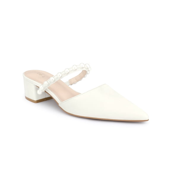 BLISSFUL STEP Pearls Strap Block Heel Sandals Slip on Backless Pumps for Women White (Size 5.5)