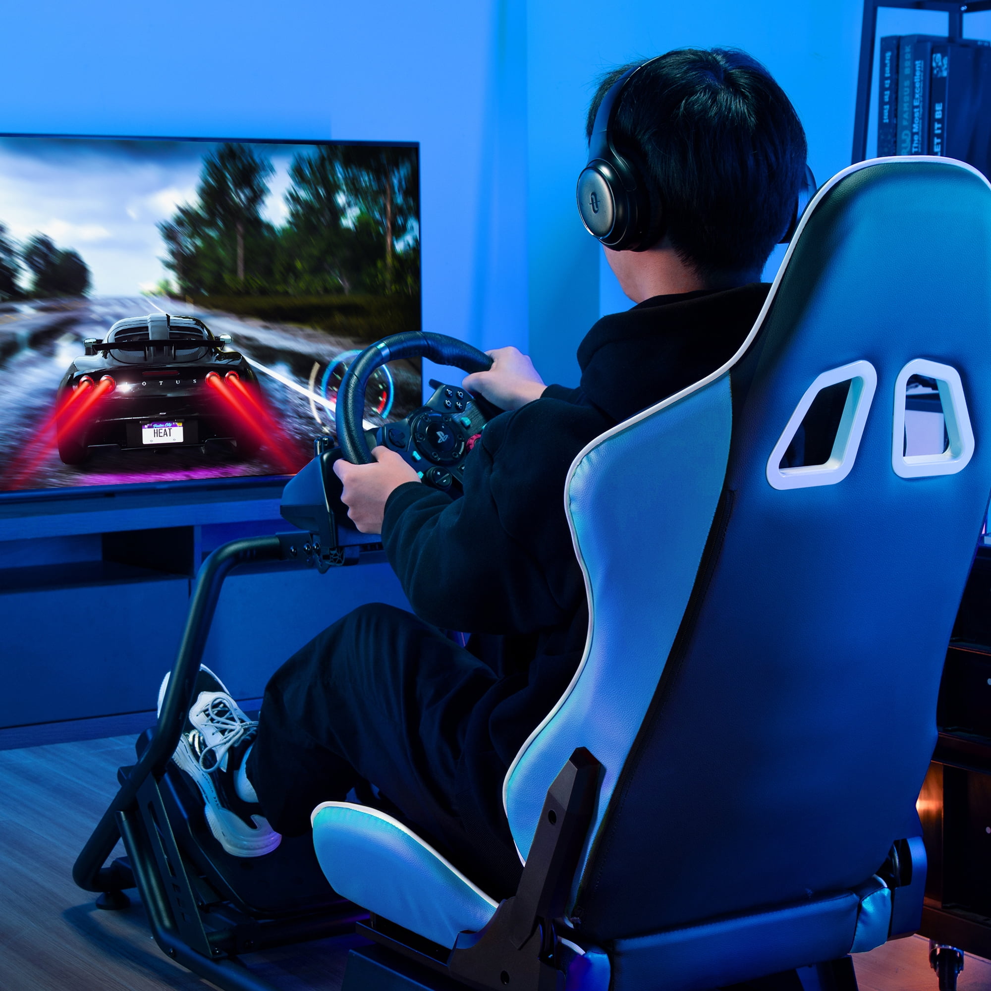ARES WING Racing Simulator Cockpit with Seat, Adjustable Sim Racing Cockpit Compatible with Logitech, Thrustmaster, Fanatec, Moza, for PS5, PS4, Xbox and PC, Blue