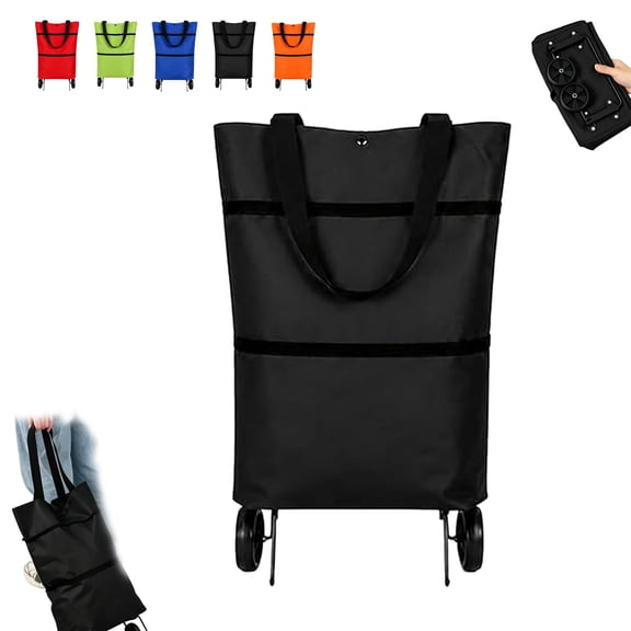 2 in 1 Foldable Shopping Cart with Wheels, Reusable Waterproof Collapsible Grocery Shopping Tote Bag, Carry-or-roll Design for Groceries and Travel