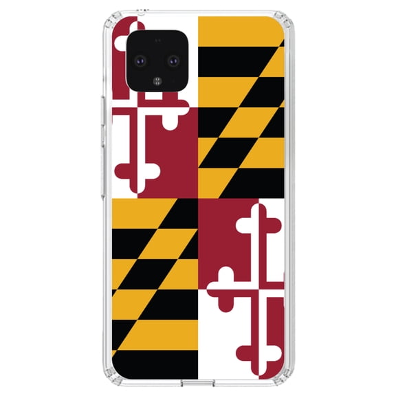 DistinctInk Clear Shockproof Hybrid Case for Google Pixel 4 XL (6.3" Screen) - TPU Bumper, Acrylic Back, Tempered Glass Screen Protector - Maryland State Flag - Show Your Love of Maryland