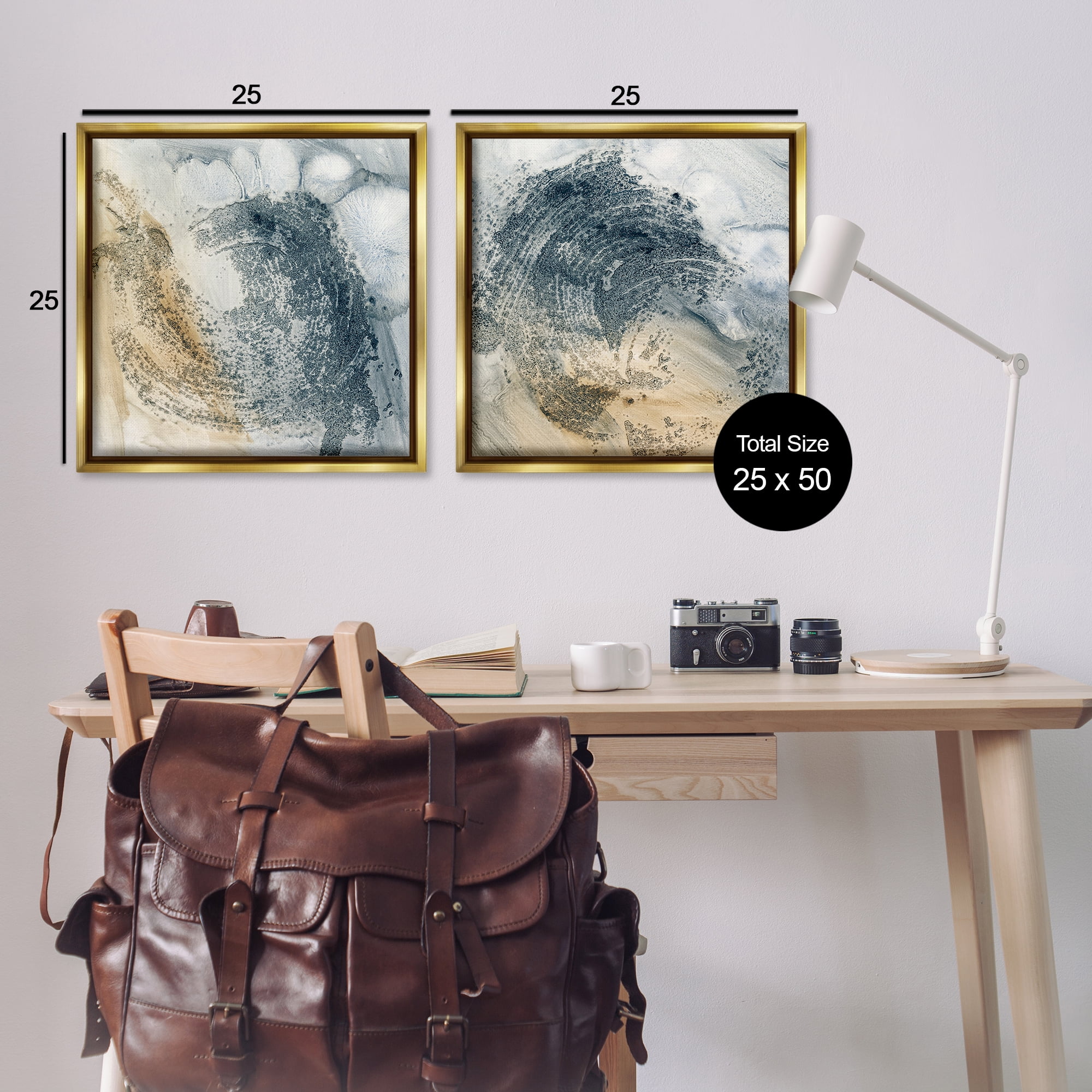 Stupell Industries Abstract Beige Blue Wave Abstract Painting Gold Floater Framed Canvas Art Print Wall Art, 25 x 25, Set of 2