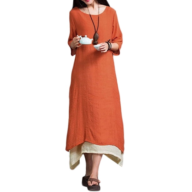 Vendimia vestido de algodón de lino de Split dobladillo irregular floja ocasional de Boho maxi MABOTO Naranja/XXL
