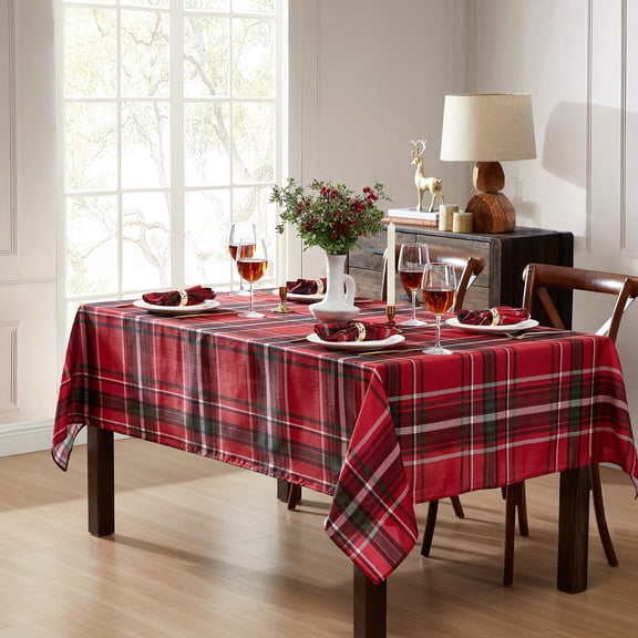 Elrene Home Fashions Pocono Plaid Holiday Fabric Tablecloth, Red, 52" x 70"