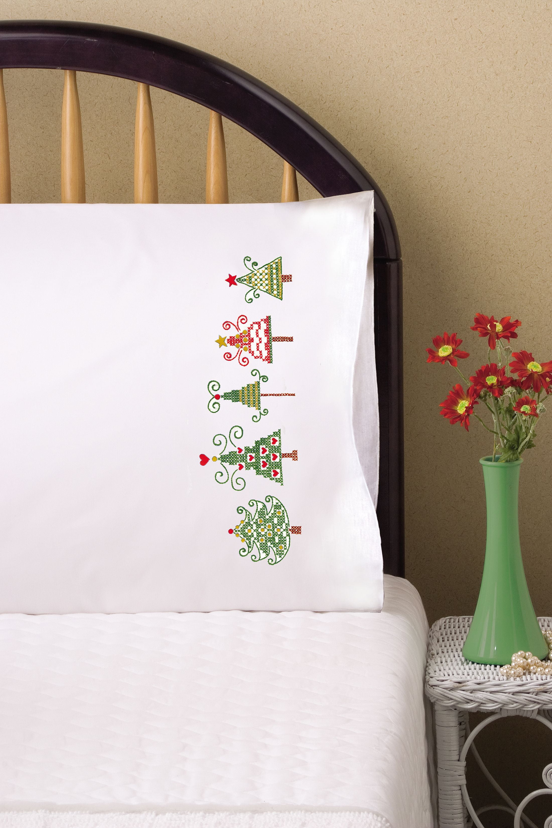 Tobin Stamped For Embroidery Pillowcase Pair 20"X30"Christmas Trees