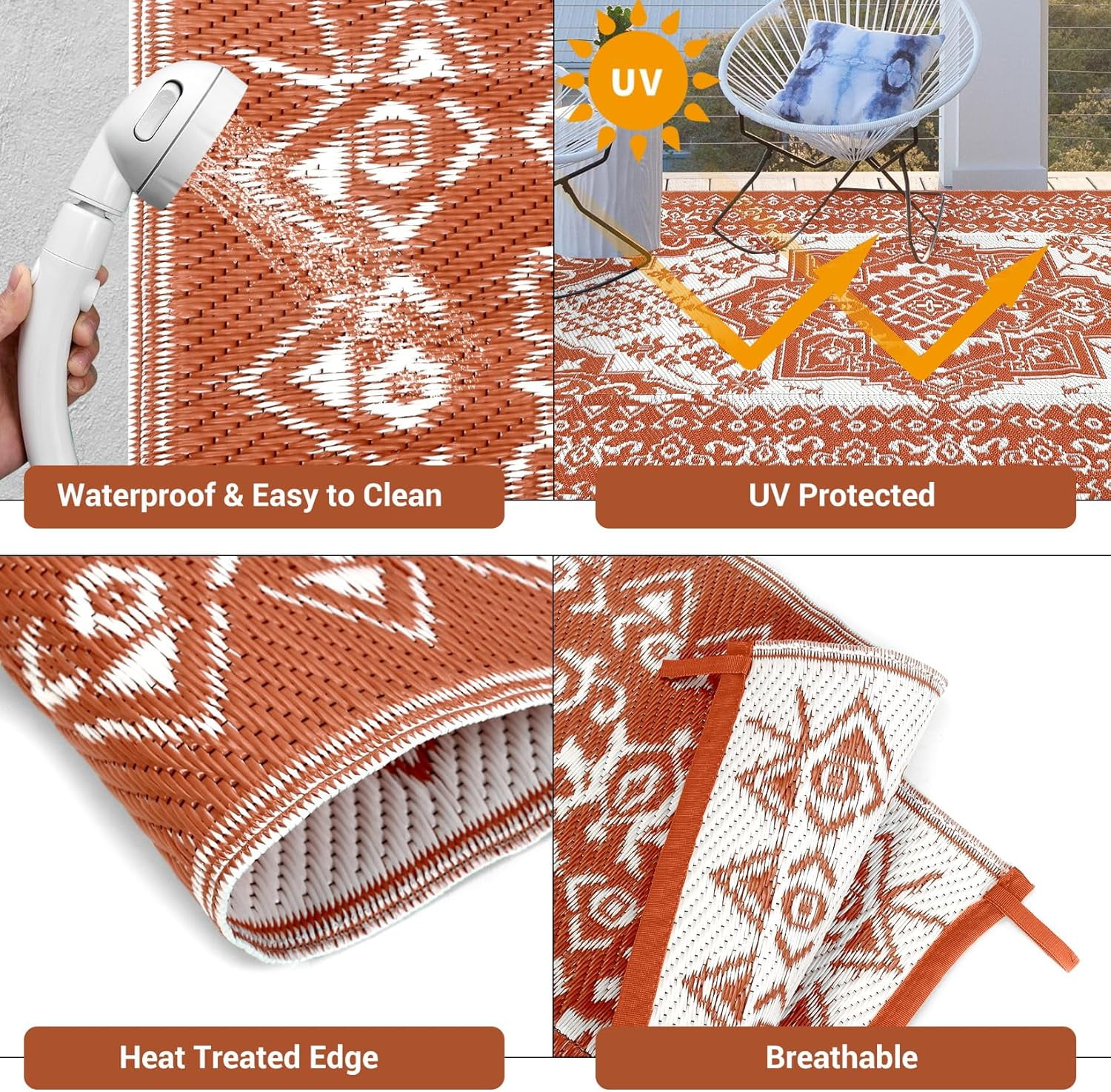 JoanKaren Waterproof Outdoor Rug,10'x14' Reversible Patio Mat,Outside Plastic Grass Mat Straw Rug Backyard Floor Mat for Picnic RV Camping Porch Balcony,Brick Red & White