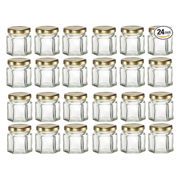 Hexagon Glass Jars 1.5oz (45ml) - 24 Pack with Lids - Small Glass Jars for Jam, Honey, Spices, Cosmetics, Wedding Favors - BPA Free, Leakproof