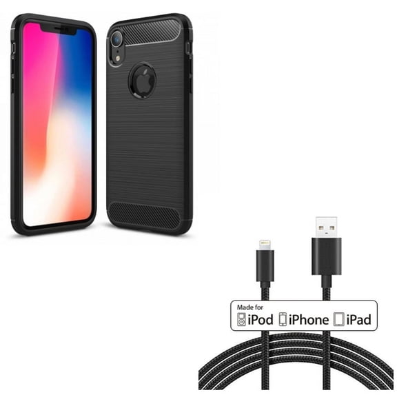 MFi USB Cable w Case for iPhone XR - 6ft Certified Charger Cord Power Wire, Carbon Fiber Slim Fit Cover Reinforced Bumper Shock Absorbent Compatible With iPhone XR