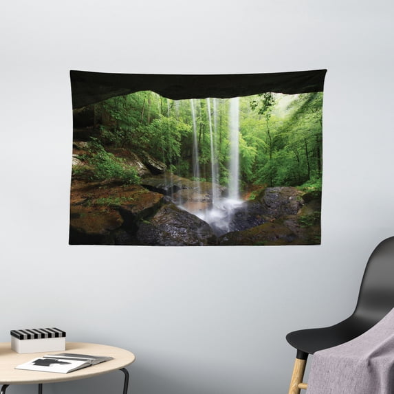 Natural Cave Tapestry, Still Waterfall in The Forest in Northern Alabama Habitat Ecosystem Scenery, Wide Wall Hanging for Bedroom Living Room Dorm, 60" X 40", Green Brown, by Ambesonne