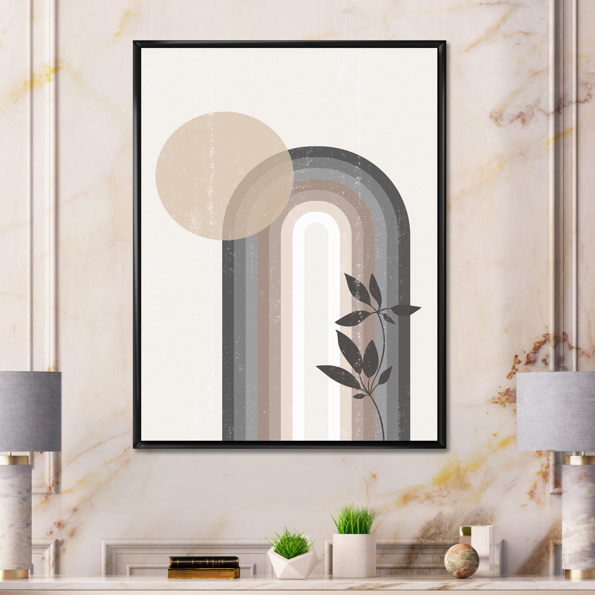 Designart 'Abstract Rainbow Moon and Sun In Earth Tones III' Modern Framed Canvas Wall Art Print
