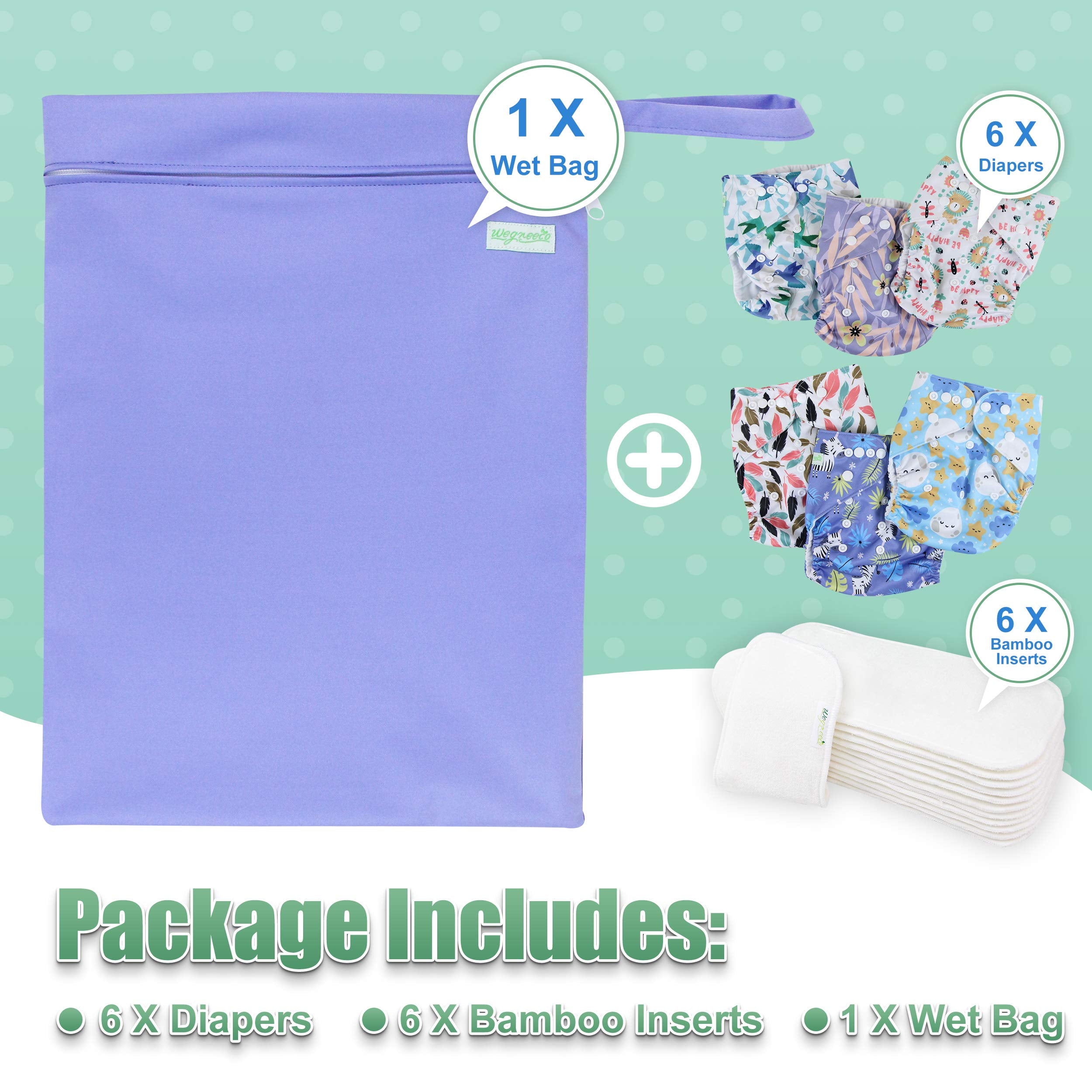 Wegreeco Washable Reusable Baby Cloth Pocket Diapers 6 Pack + 6 Bamboo Inserts (with 1 Wet Bag, Leaves, Animals)