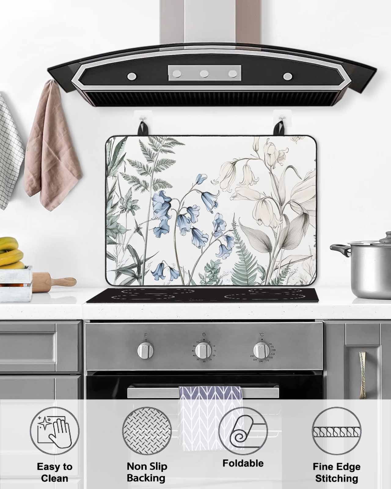 nqOlkjepod Large Induction Cooktop Protector Mat 36"x21", Blue Beige Floral Stove Top Covers for Electric Stove, Farmhouse Botanical Decorative Stove Burner Cover Mats, Glass Top Stove Cover