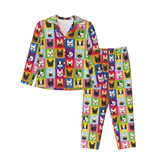 Balery Colorful Bulldog Conjunto de Pijama con Estampado para Mujer, Conjunto de Dos Piezas con Manga Larga, Ropa de Dormir Suave con Bolsillos, Pijamas Cómodos-Medium