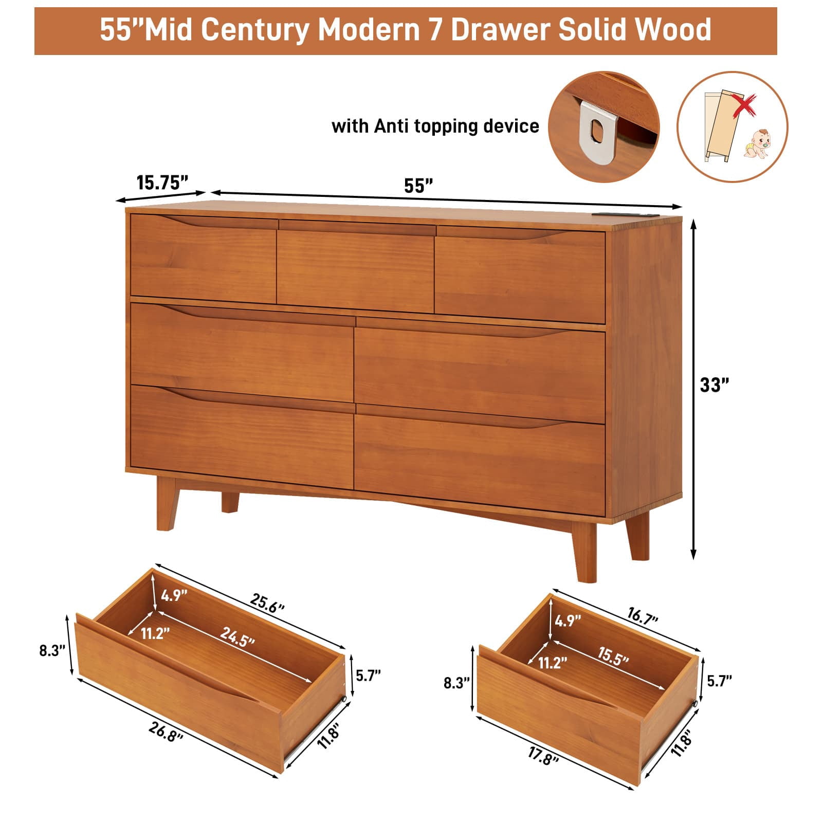 ChVans 7 Drawer Dresser with Power Outlets, Solid Wood Dresser for Bedroom, Mid-Century Modern Closet Dresser w/ Groove Handle for Living Room Hallway Entryway