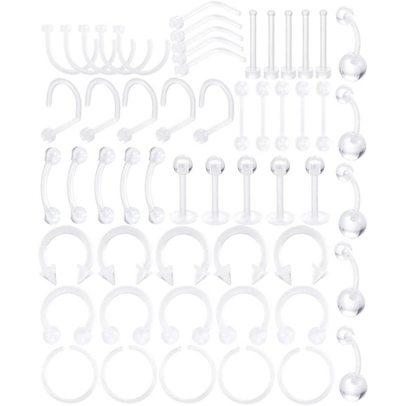 55pcs Clear Piercing Retainers Flexible Bioflex 14G 16G 20G Navel Belly Button Ring Lip Labret Eyebrow Tongue Barbells Cartilage Tragus Earrings Retainer