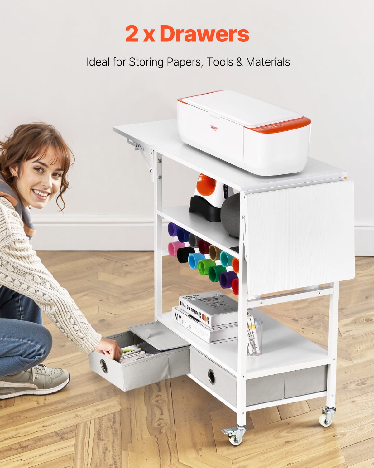VEVOR Rolling Craft Cart and Storage Table, Compatible with Cricut Machines, Collapsible Cricut Table with Foldable Sides, Craft Rolling Storage Organizer with 14 Vinyl Roll Holders and 2 Drawers