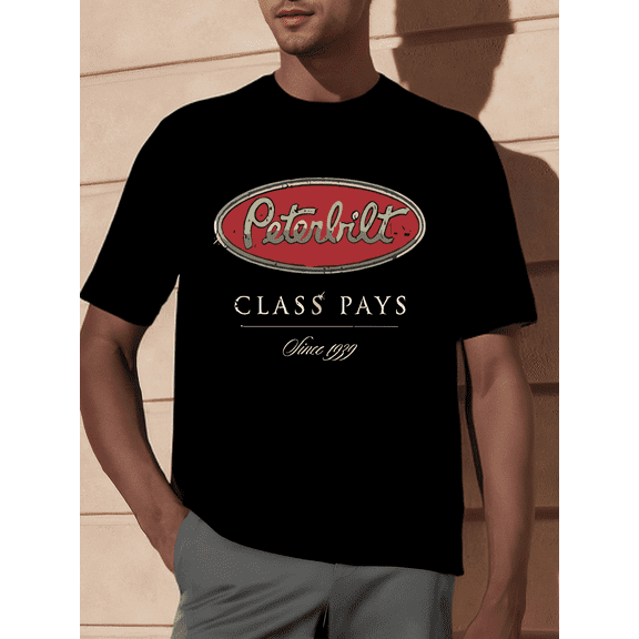 Men's Vintage for PETERBILT Class Pays 1939 Graphic T-Shirt - High-Quality Cotton, Comfortable Fit, Short Sleeve, Black with Red & White Logo - Ideal for Truckers & Enthusiasts