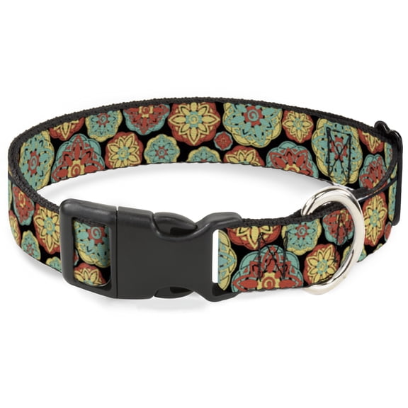 Buckle-Down Pet Collar, Dog Collar Plastic Buckle, Boho Mandala Black Yellow Turquoise Orange, 7 to 8.5 Inches 0.5 Inch Wide