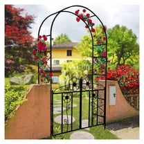 Garden Arbor with Door & Planters - 80" Metal Arch Trellis for Climbing Plants - Outdoor Wedding Decor - Black