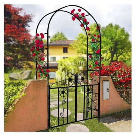 Garden Arbor with Door & Planters - 80" Metal Arch Trellis for Climbing Plants - Outdoor Wedding Decor - Black
