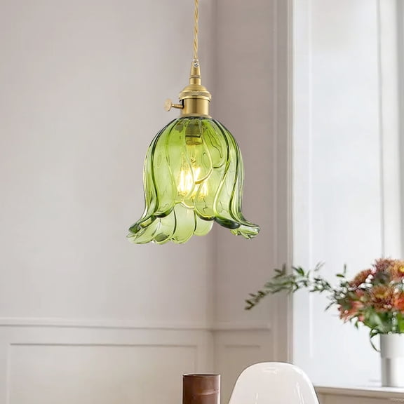 Vintage Green Glass Pendant Light with Brass Finish, Farmhouse Hanging Lamp for Kitchen Island, Dining Room, Bedroom (E26 Base)