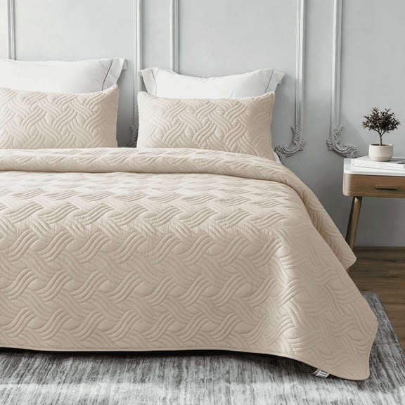 Whale Flotilla Quilt Set King Size, Soft Microfiber Lightweight Bedspread Coverlet Bed Cover (Wave Pattern) for All Seasons, Brich Beige, 3 Pieces (Includes 1 Quilt, 2 Shams)