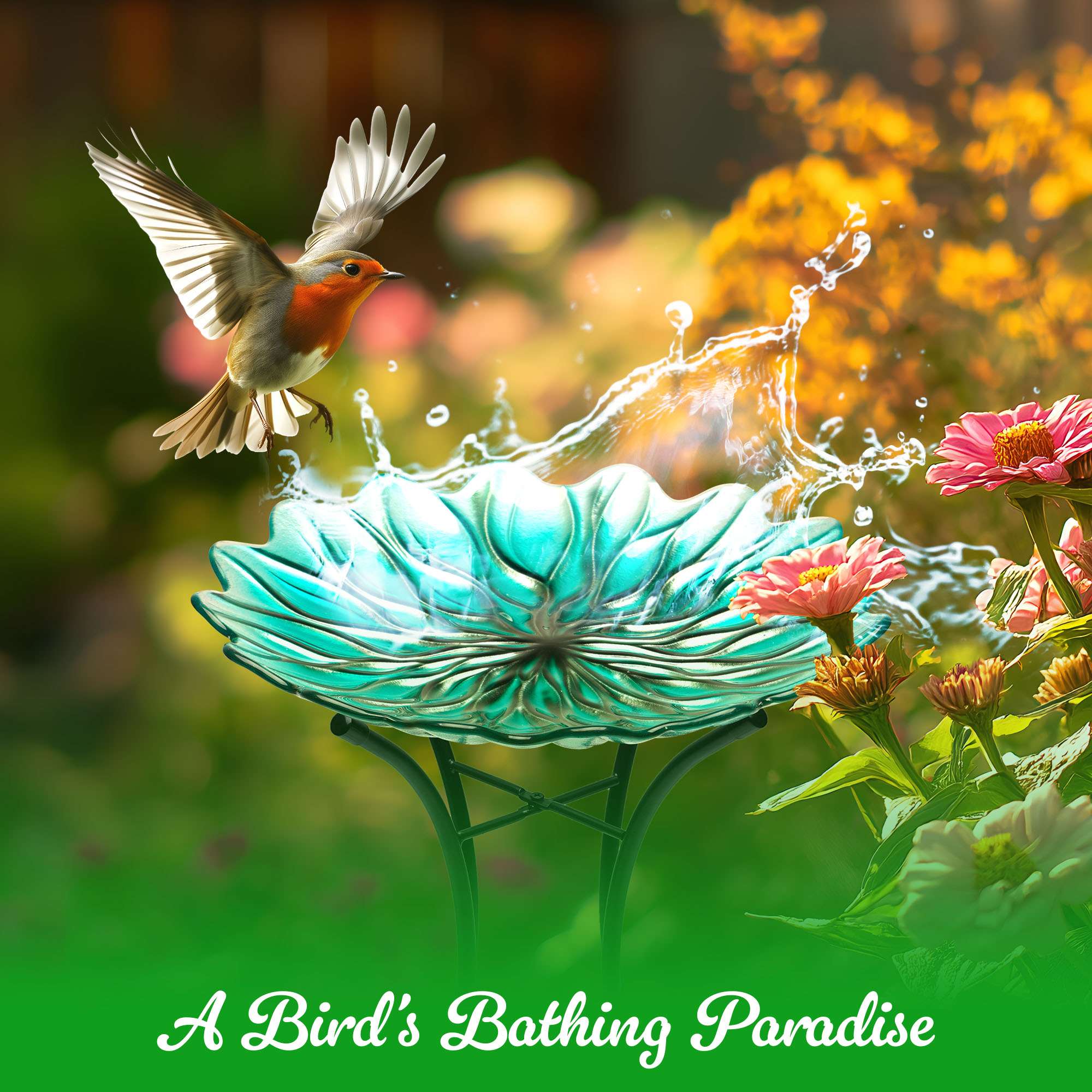 G128 19 Inch Height Glass Bird Baths with Metal Stand | Decorative Green BirdBaths Bowl Outdoor Garden Bird Feeder